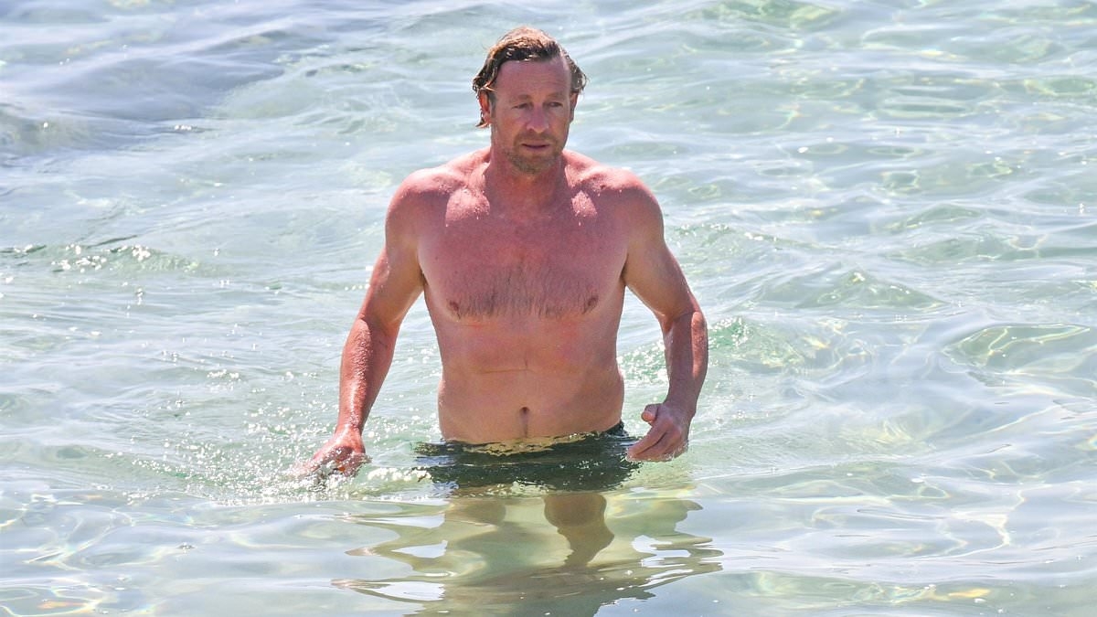 Ageing like fine wine! Simon Baker, 55, shows off his buff body as he takes a dip with a male pal in Sardinia after his age gap romance with Bridgette Clark, 30, was revealed