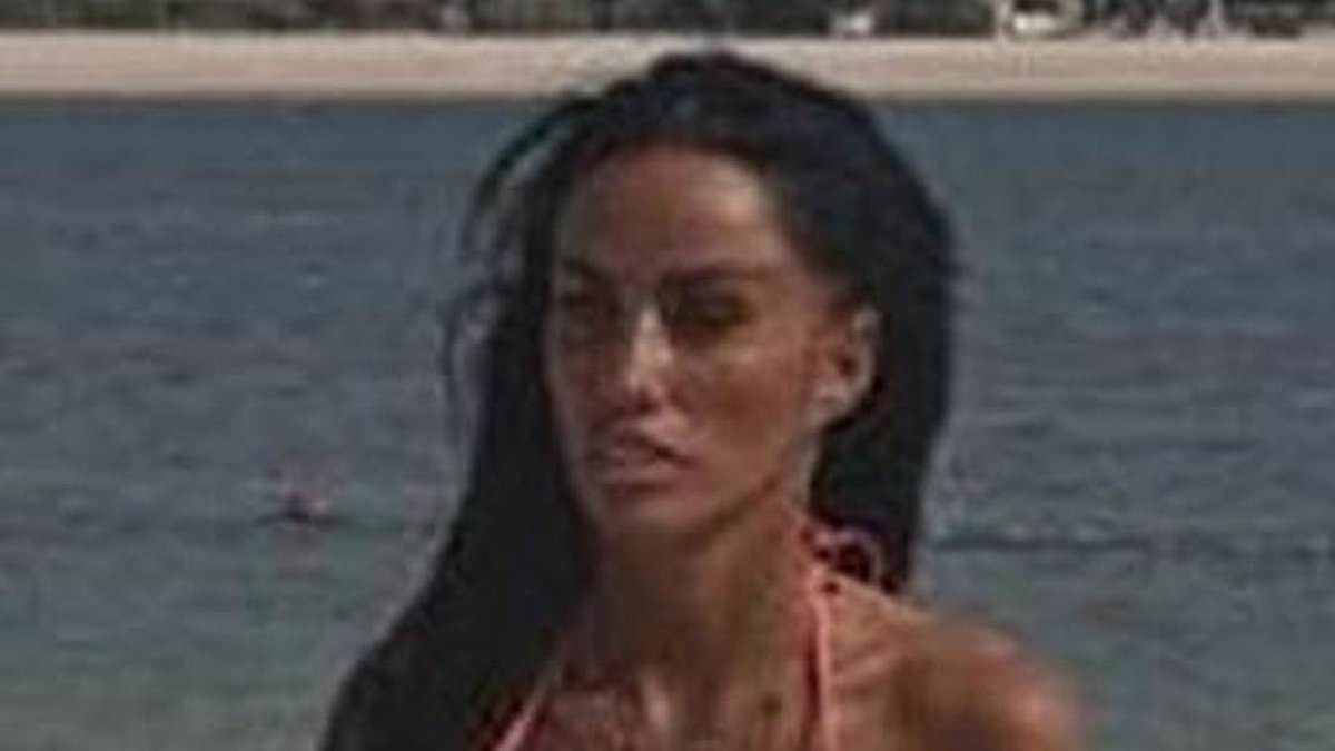 Katie Price flaunts her assets in a hot pink bikini on the beach in Dubai just one day after British Airways cancelled flights there amid Middle East strikes