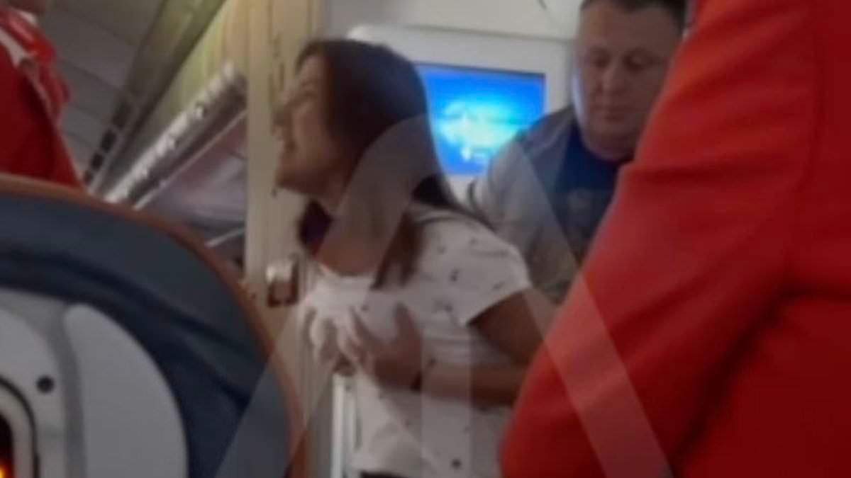 Air rage woman is overpowered by male passengers and tied up in mid-air after demanding business class upgrade while grabbing her breasts yelling 'I'm in pain in my butt and my t*ts!