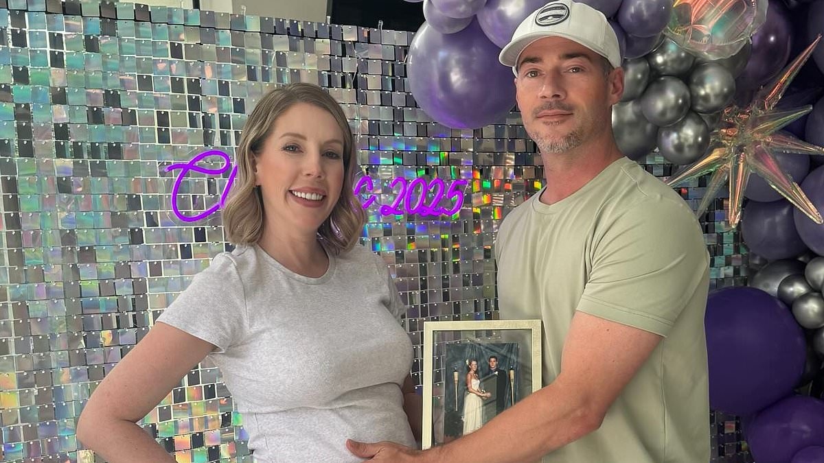 Pregnant Katherine Ryan showcases her bump in grey loungewear as she recreates adorable prom photo with childhood sweetheart Bobby Kootstra