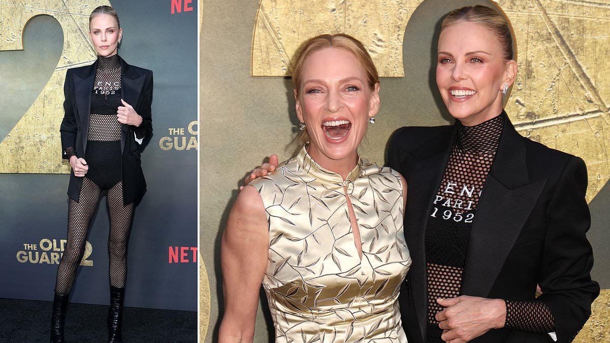 Charlize ditches pants for racy red carpet look at The Old Guard 2 premiere with Uma Thurman