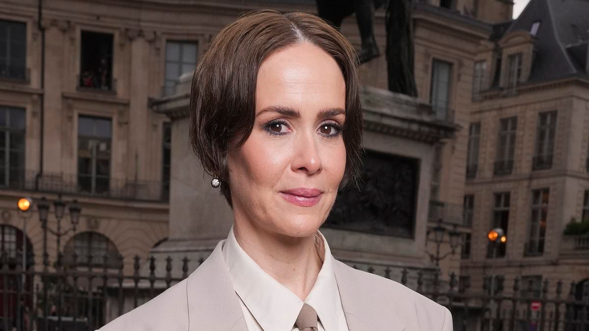 Sarah Paulson shows off new darker cropped locks as she stuns in a chic oversized suit at Ami Alexandre Mattiussi's men's show in Paris