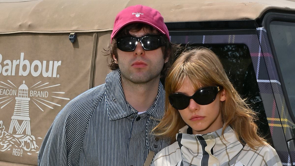 Lennon Gallagher cuts a trendy figure in a blue pinstripe Barbour jacket as he joins girlfriend Isobel Richmond and Pixie Geldof for a pre-Glastonbury lunch at THE PIG in Bath
