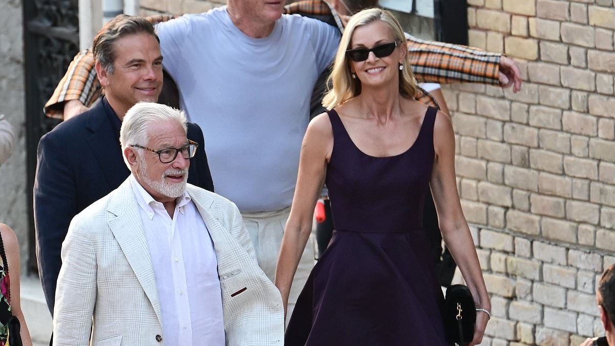 Sarah Murdoch stuns in a low-cut violet gown as she attends at Lauren Sanchez and Jeff Bezos' star-studded wedding welcome party with husband Lachlan