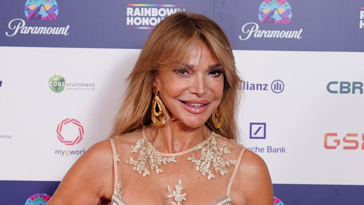 Lizzie Cundy puts on a VERY leggy display in a gold fringed mini dress as she joins busty Ella Morgan at star-studded charity ball