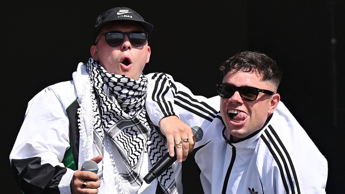 Kneecap lead Glastonbury chants of 'F*** Keir Starmer' and urge crowds to riot in Westminster court when one of the Irish rappers next appears on Hezbollah flag charge