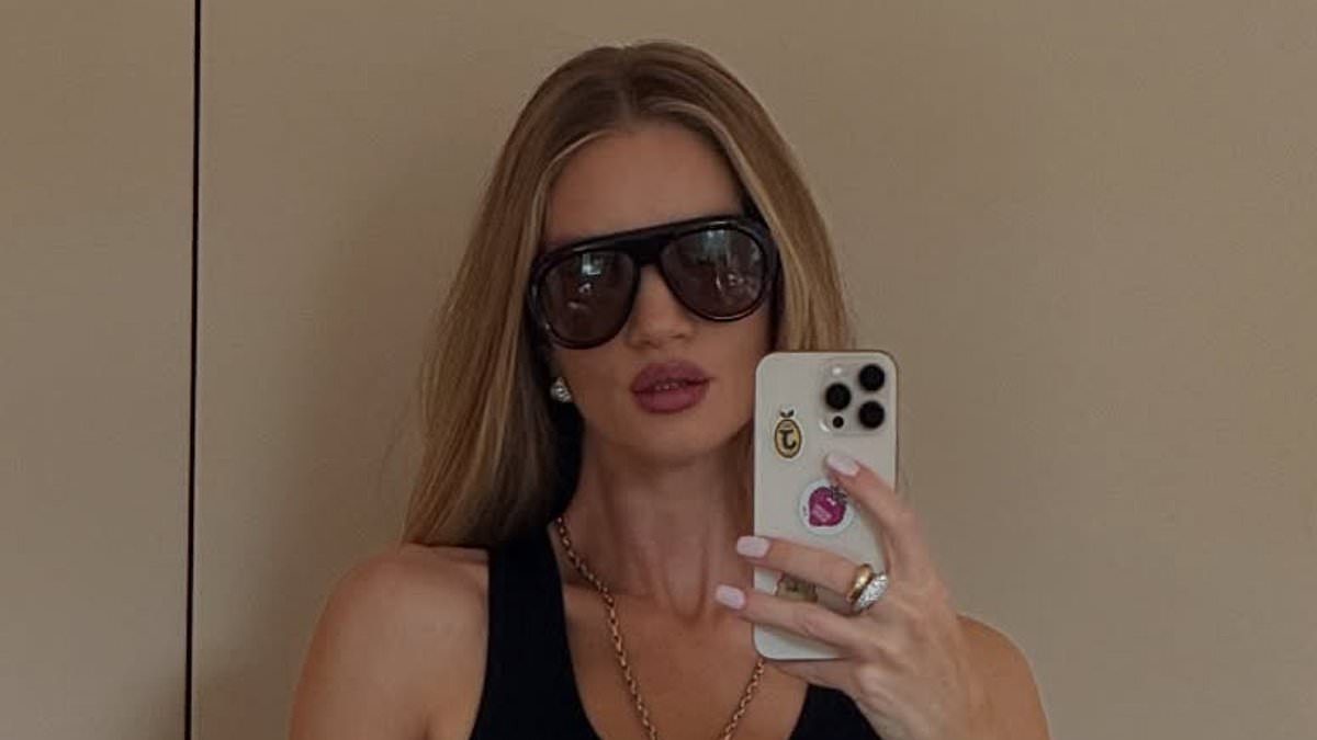 Rosie Huntington-Whiteley looks effortlessly chic in a black vest and jeans as she shares a sweet family photo dump