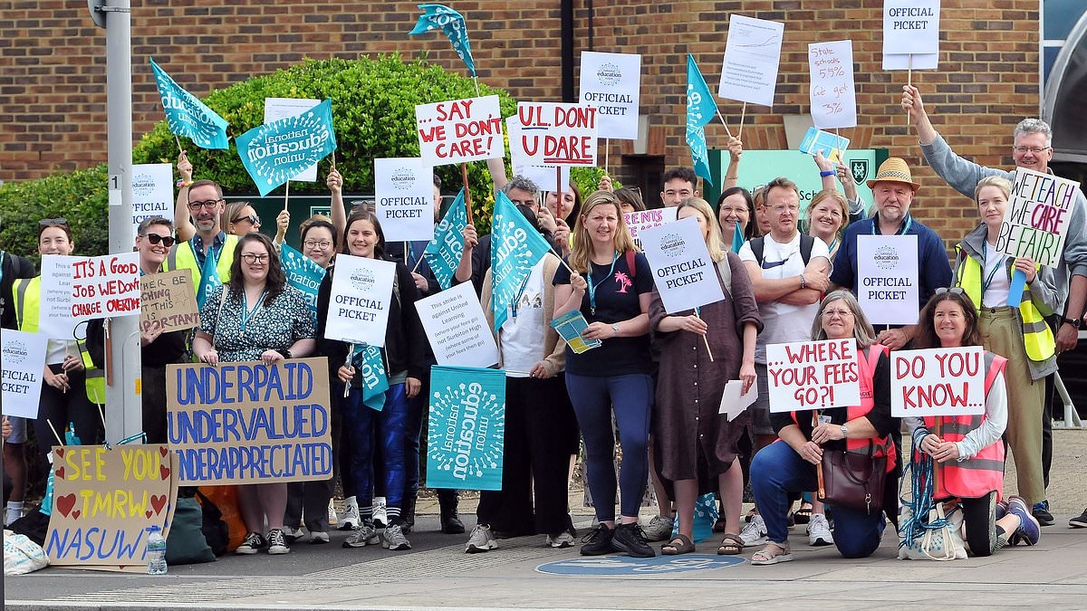 Private school teachers out on landmark strike, as 'nine in ten educators at Britain's largest academy chain claim they have had to take second jobs to make ends meet'