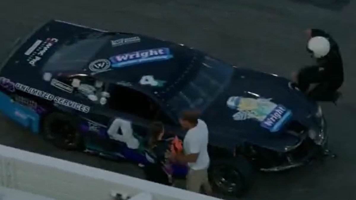 Astonishing fight breaks out during car race as rival families brawl on track... before one driver launches flying kick