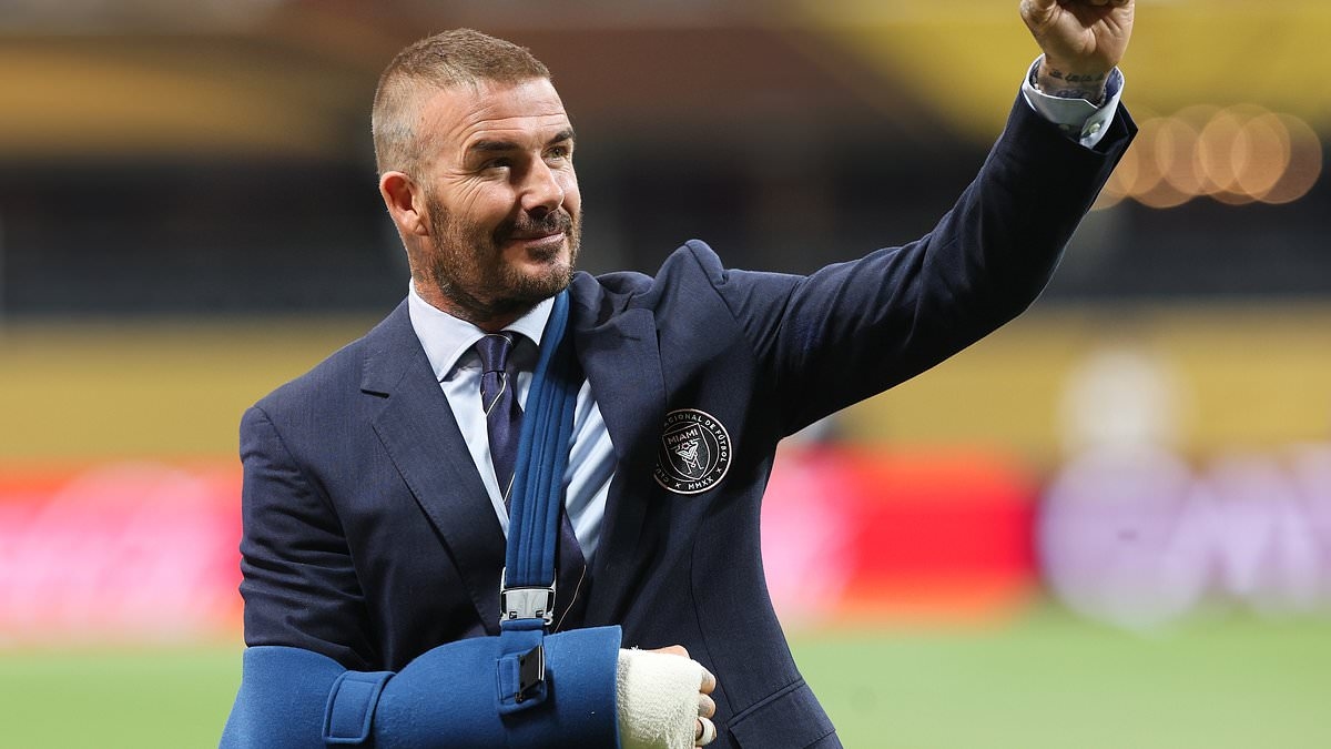 David Beckham is pictured for first time in plaster cast after being hospitalised with 'unbearable' pain... as England legend waves to fans ahead of Inter Miami's Club World Cup clash against PSG