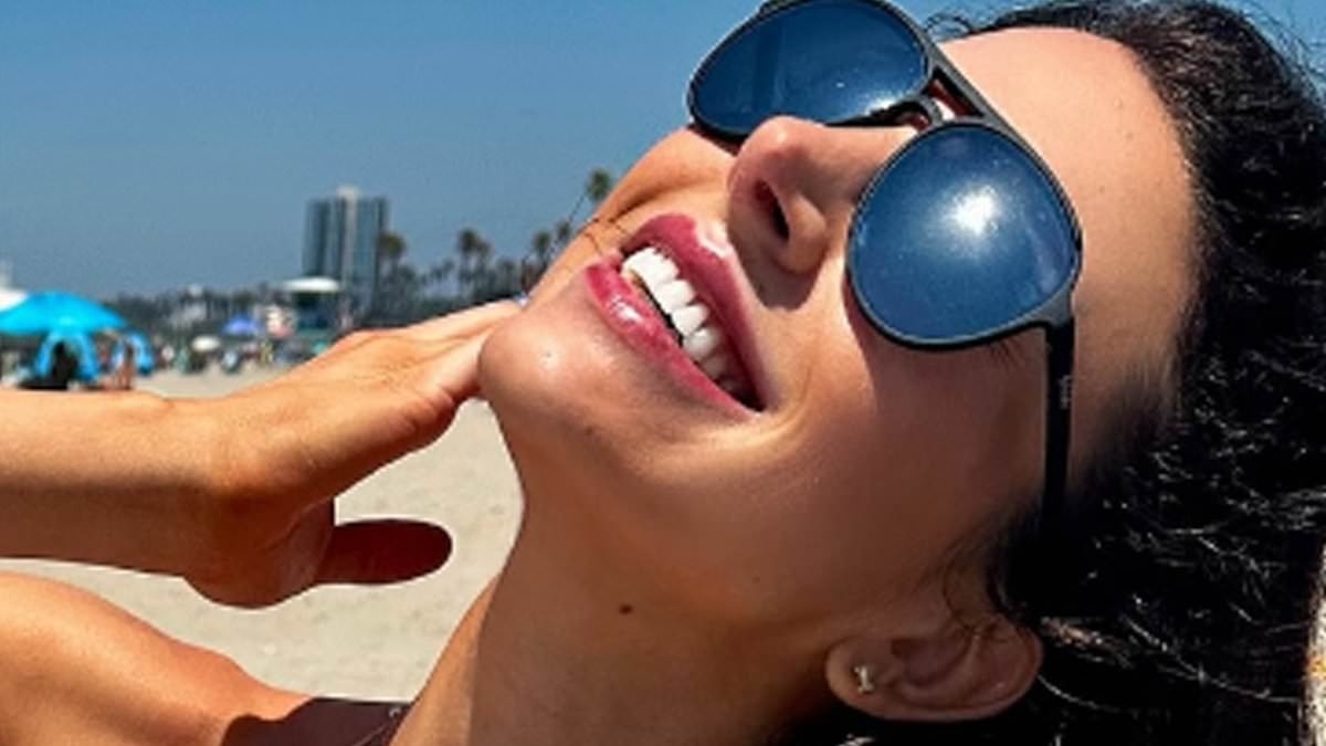 Bianca Wallace shows off her baby bump in a tiny crochet bikini after announcing she is expecting her first child with Ioan Gruffudd