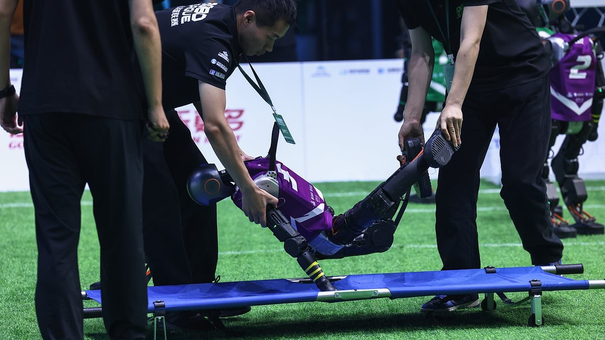 China's first 3-on-3 robot soccer match kicks off (and ends with two bots being stretched off the pitch...)