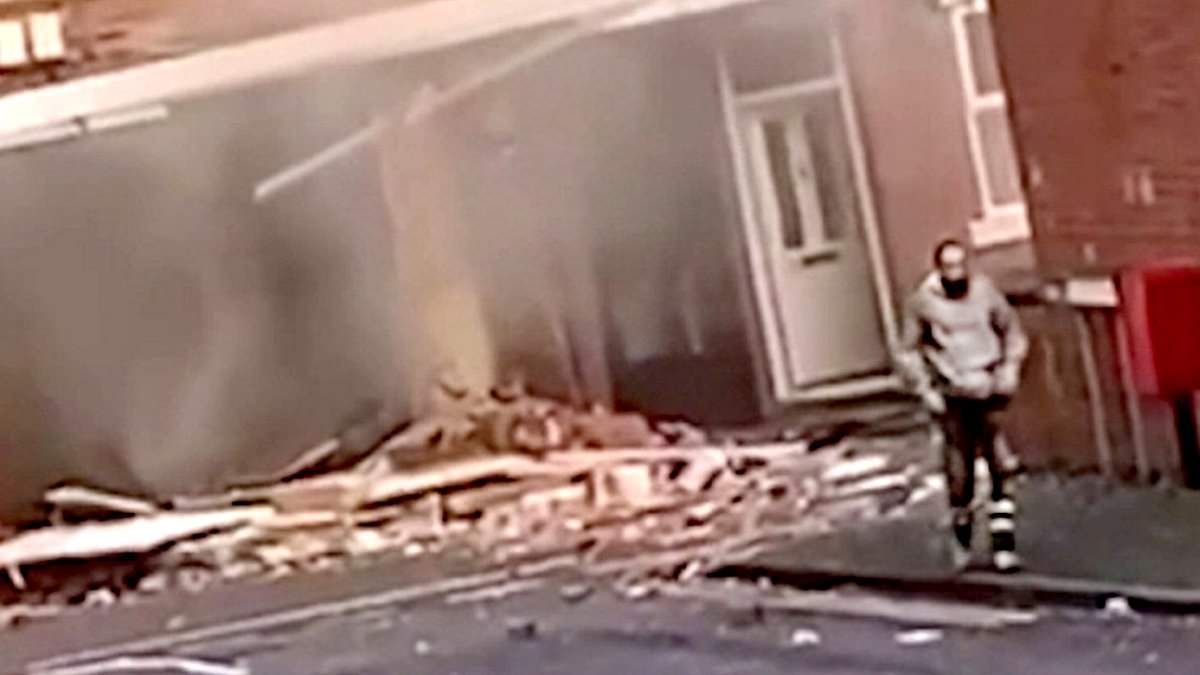 Moment cowboy builder stumbles away from house after it explodes during shoddy renovation works