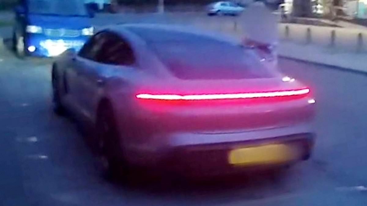 Shocking moment woman drags hero cop down the road with her Porsche after he tried to question passenger