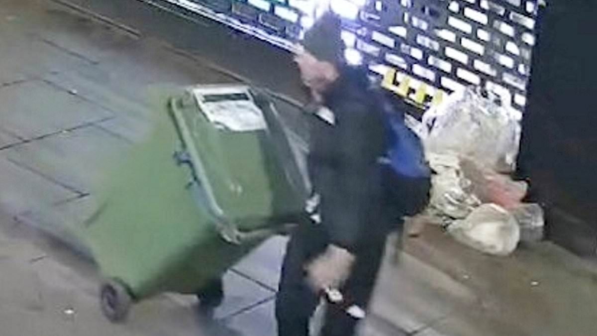 Moment thief disguised as Foot Locker worker drags wheelie bin packed with £3,000 of stolen clothes and trainers away