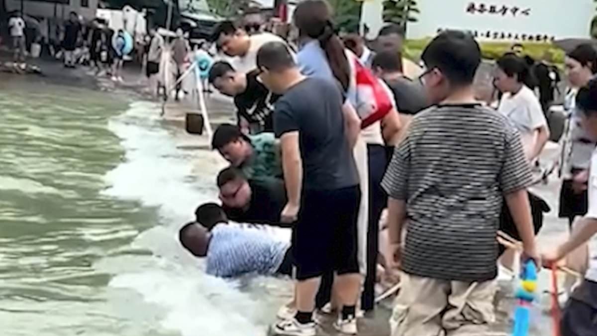 Dramatic moment onlookers form human chain to rescue boy trapped in weir in China