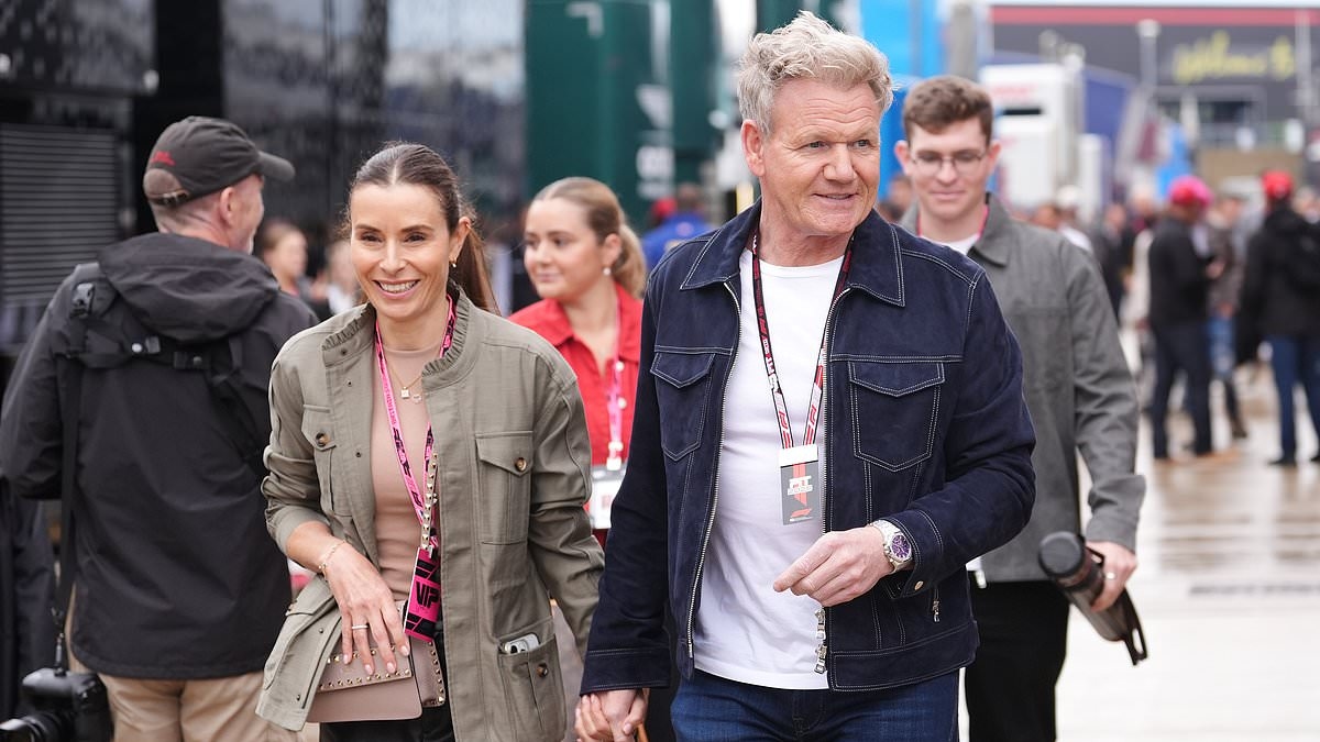 Gordon and Tana Ramsay, Jack Whitehall and Roxy Horner shrug off the rain as they lead the stars at wet and windy Silverstone for the British Grand Prix