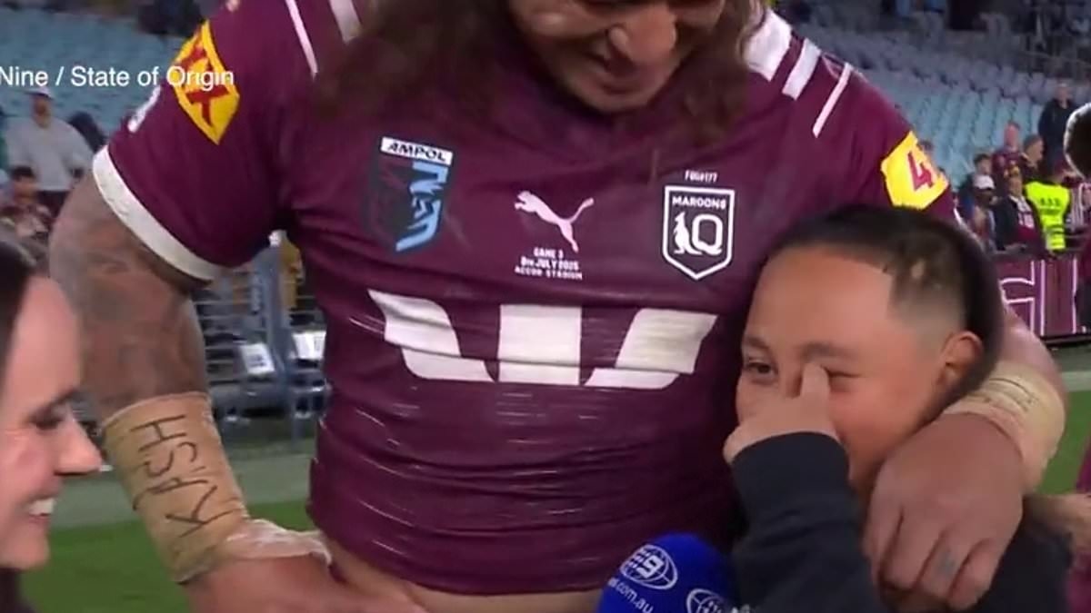 Footy star's son melts hearts as he gives State of Origin its cutest moment on live TV