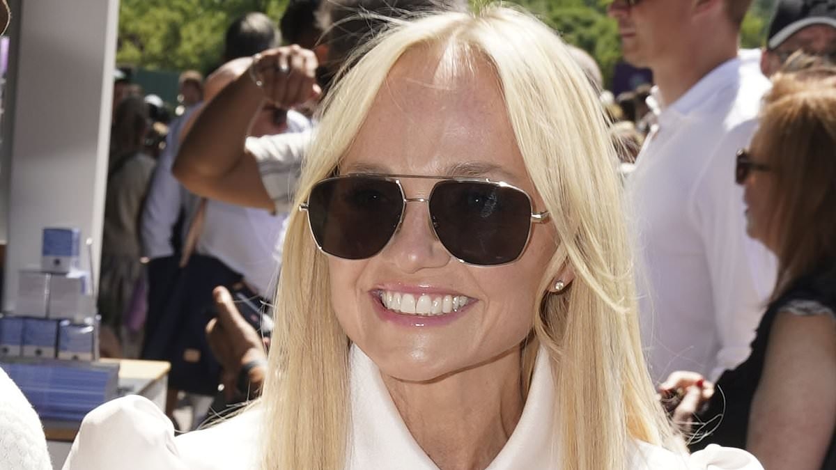 Spice Girl Emma Bunton is seen for the first time since Mel B's wedding as she steps out with her son Beau, 17, at Wimbledon day 11