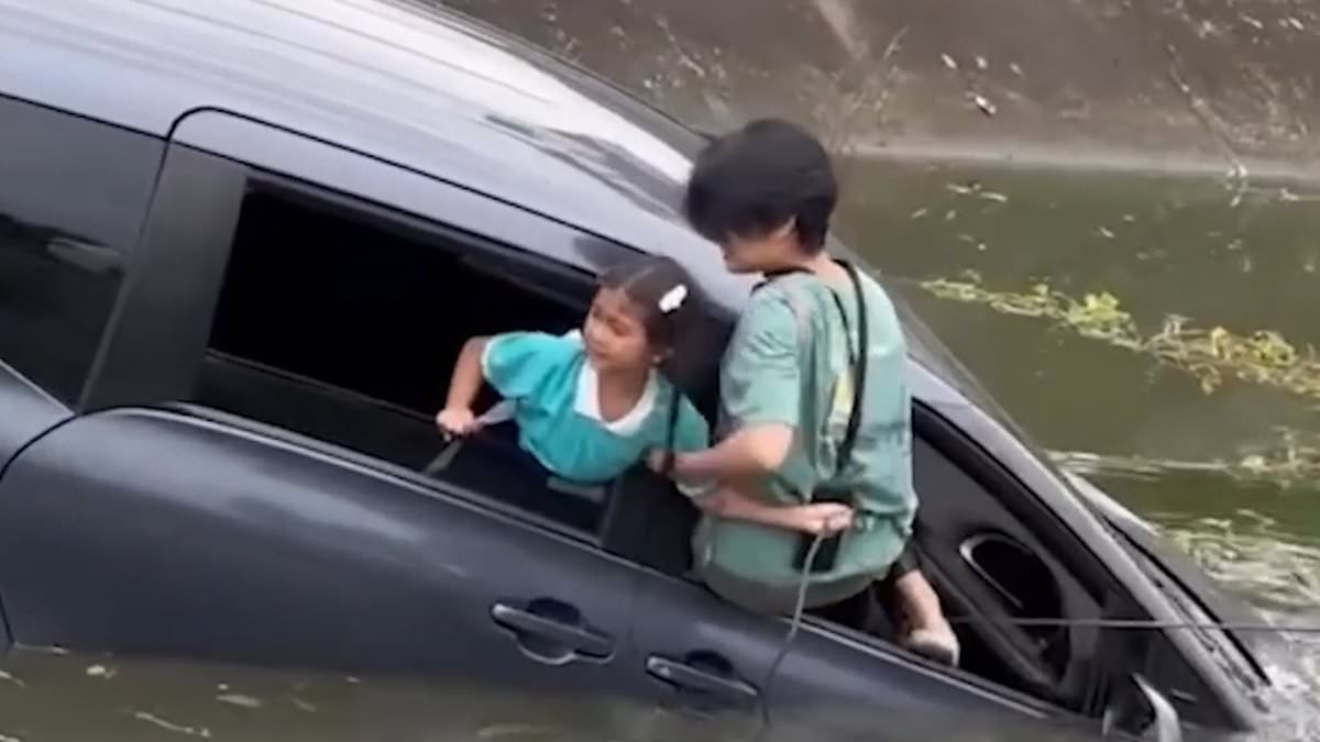 Heartstopping moment mother and child are trapped in a sinking car after they veer off road and are plunged into a roadside ditch