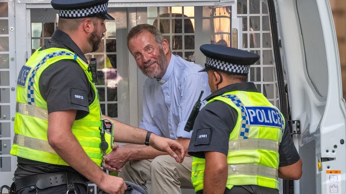 Police arrest dozens of protesters for supporting banned Palestine Action including vicar after activists' vows to go 'floppy' - a week after priest, 83, was among 29 seized