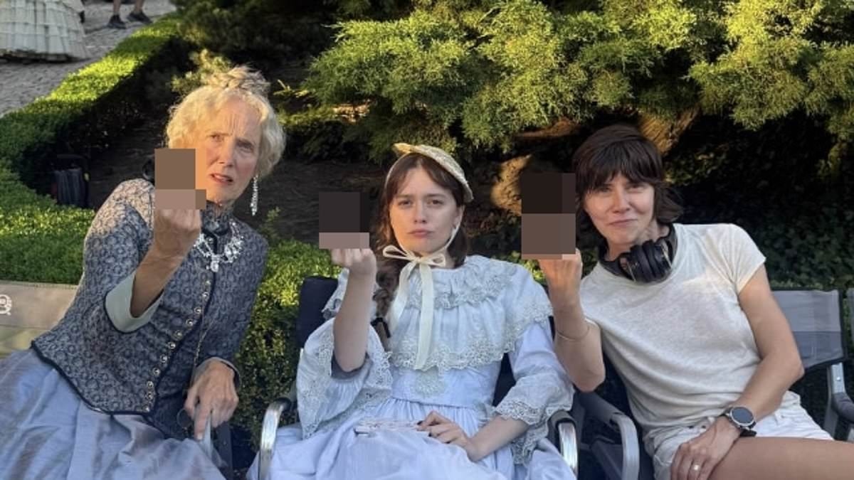 Aimee Lou Wood dons dramatic period dress while making rude gesture in cheeky behind-the-scenes shots from upcoming film The Idiots