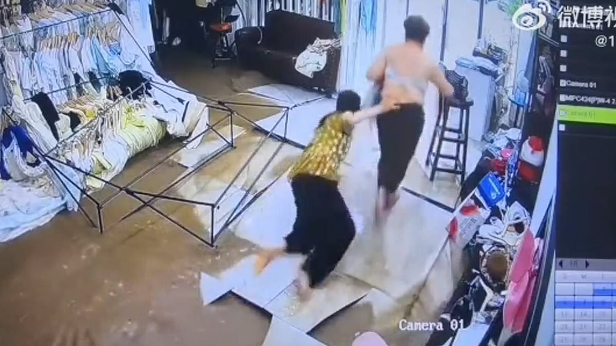 Chaotic moment half-naked shoppers flee changing rooms after water pipe explodes