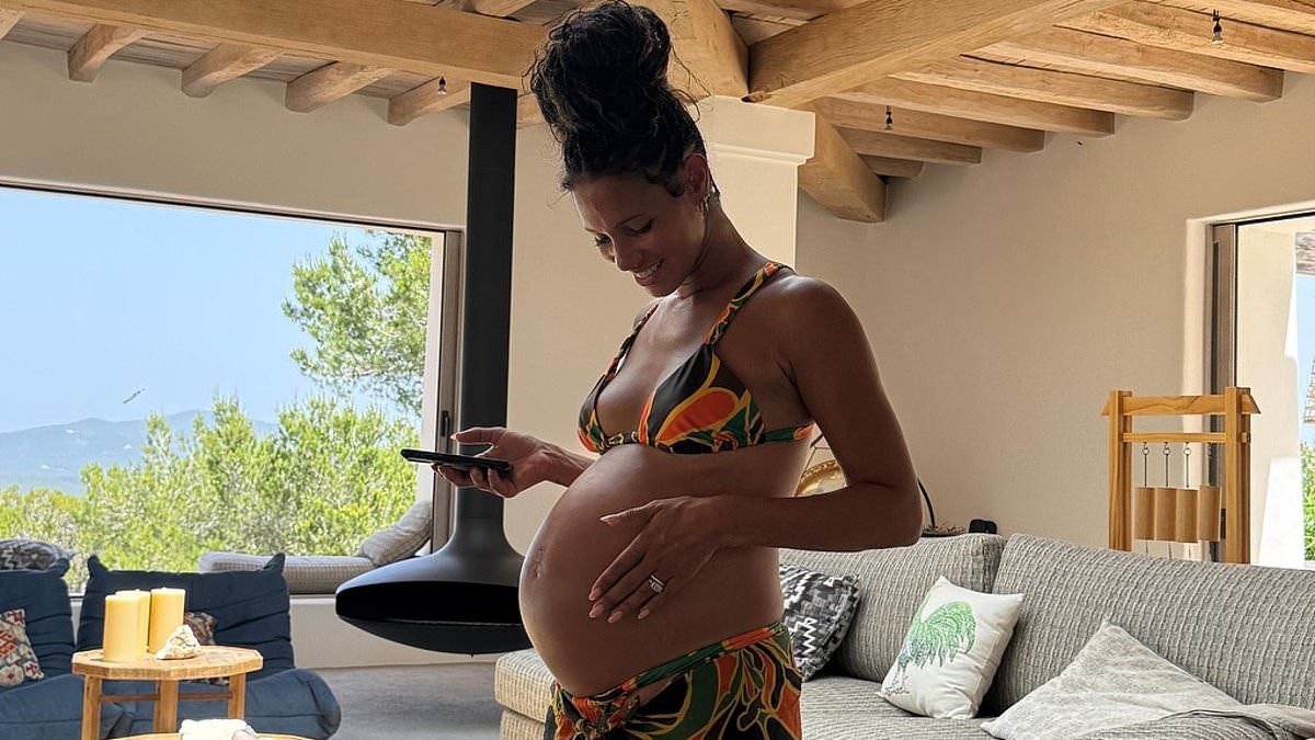 Pregnant Vick Hope displays her baby bump in a colourful bikini while holidaying with husband Calvin Harris at their sprawling 138-acre Ibiza farm