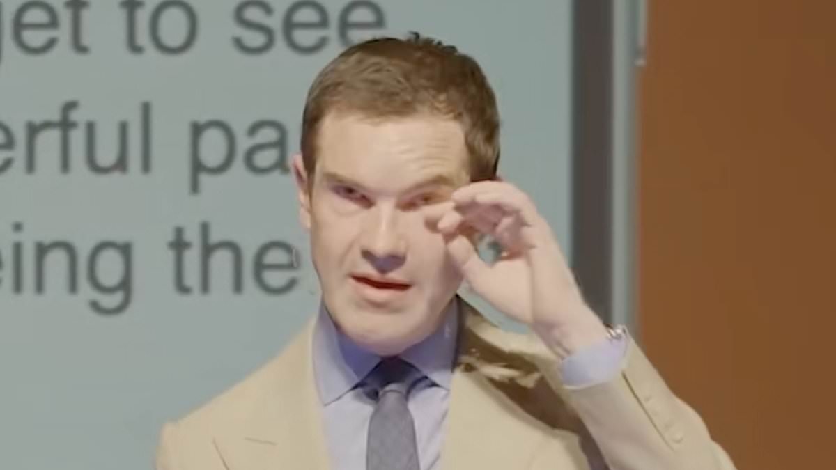 Jimmy Carr fights back tears in a rare emotional moment during a gig as a fan thanks the comedian for 'saving his life' during depression battle