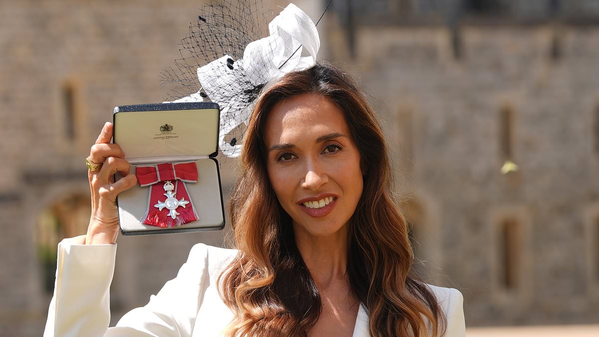 Myleene Klass is joined by celeb pals and her family as she celebrates her MBE honour with a lavish royal-themed party