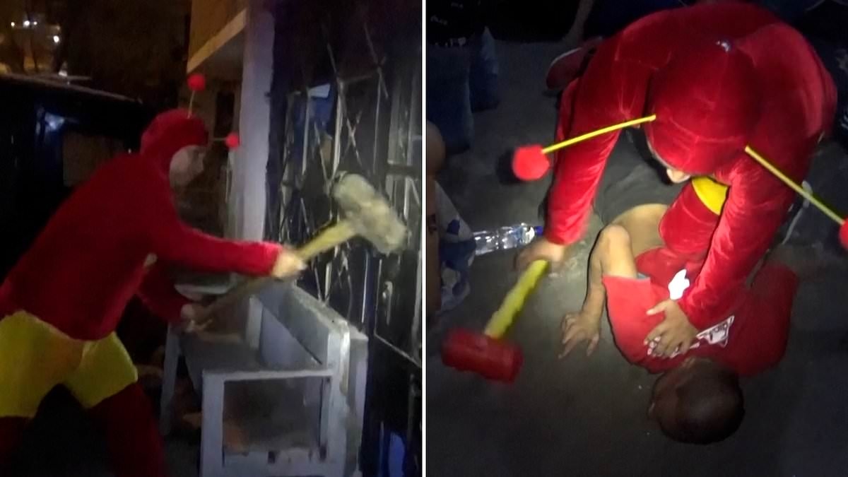 Hammer of justice! Drug dealers watch in bewilderment as police dressed in superhero costumes smash down door and shut down narcotics operation