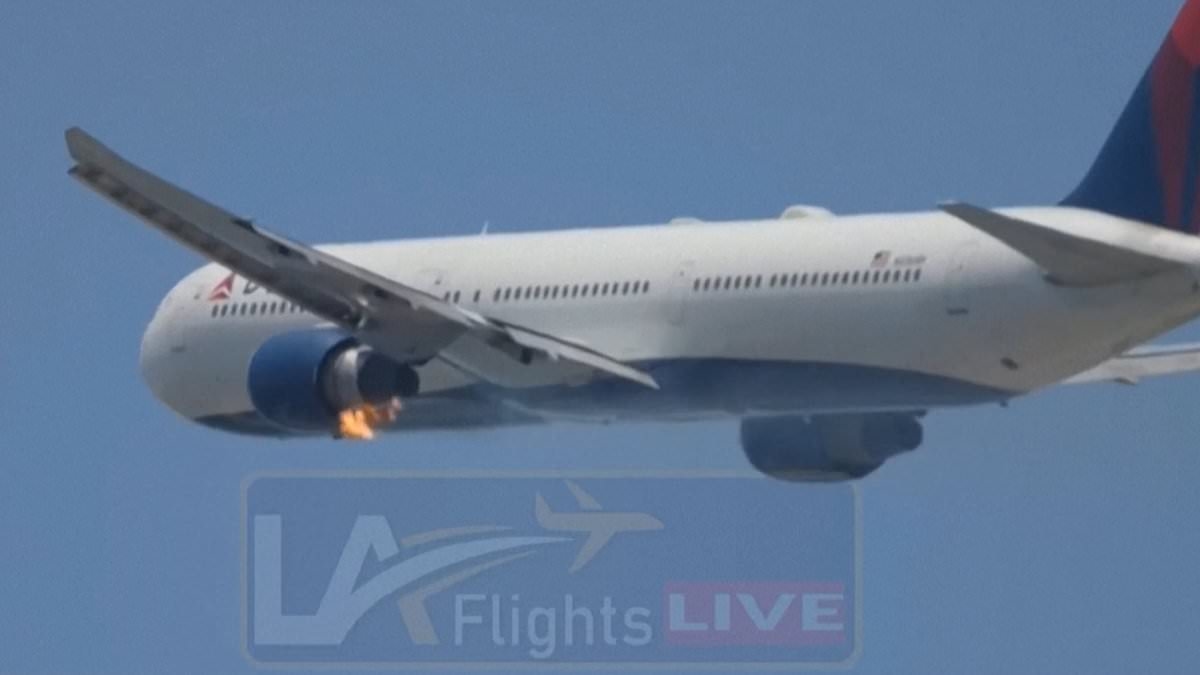 Shocking moment Delta Airlines's Boeing flight engine catches fire during take-off in Los Angeles