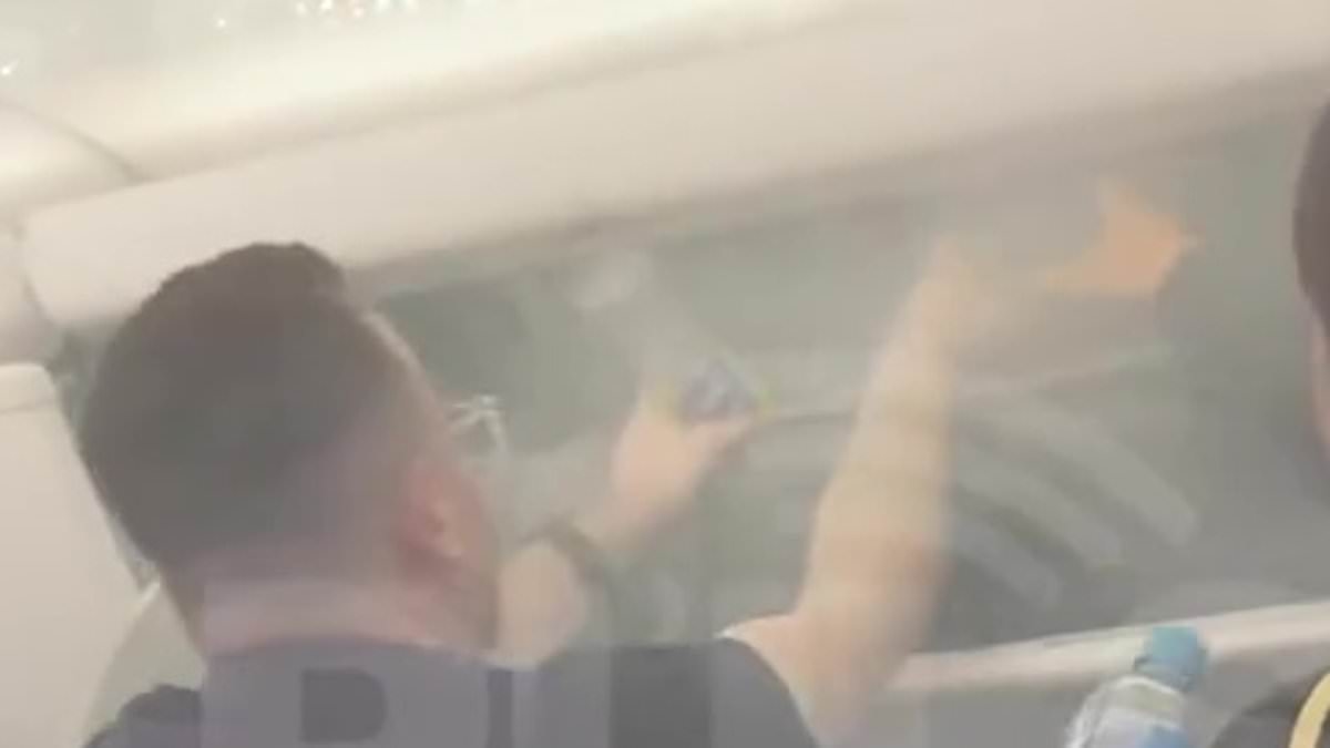 Terrifying moment fire erupts inside a plane cabin in mid-air as panicked passengers rush to help the flight crew