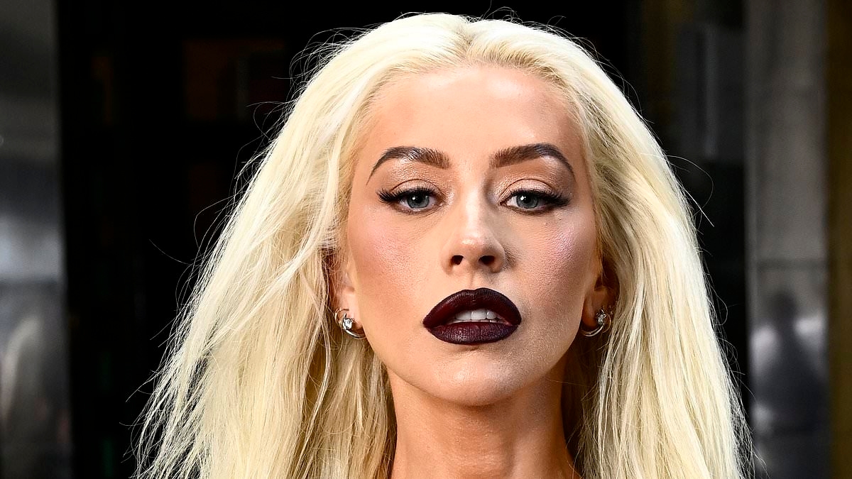 Christina Aguilera, 44, shows off her slimmed down frame in an olive green dress as she poses at Burlesque: The Musical photocall