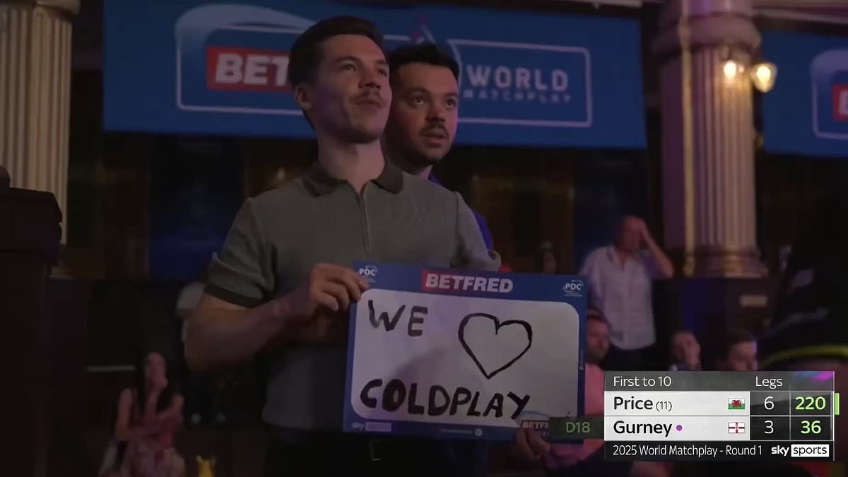 Coldplay couple who were caught on infamous kiss cam are hilariously mocked by darts fans in Blackpool at World Matchplay tournament