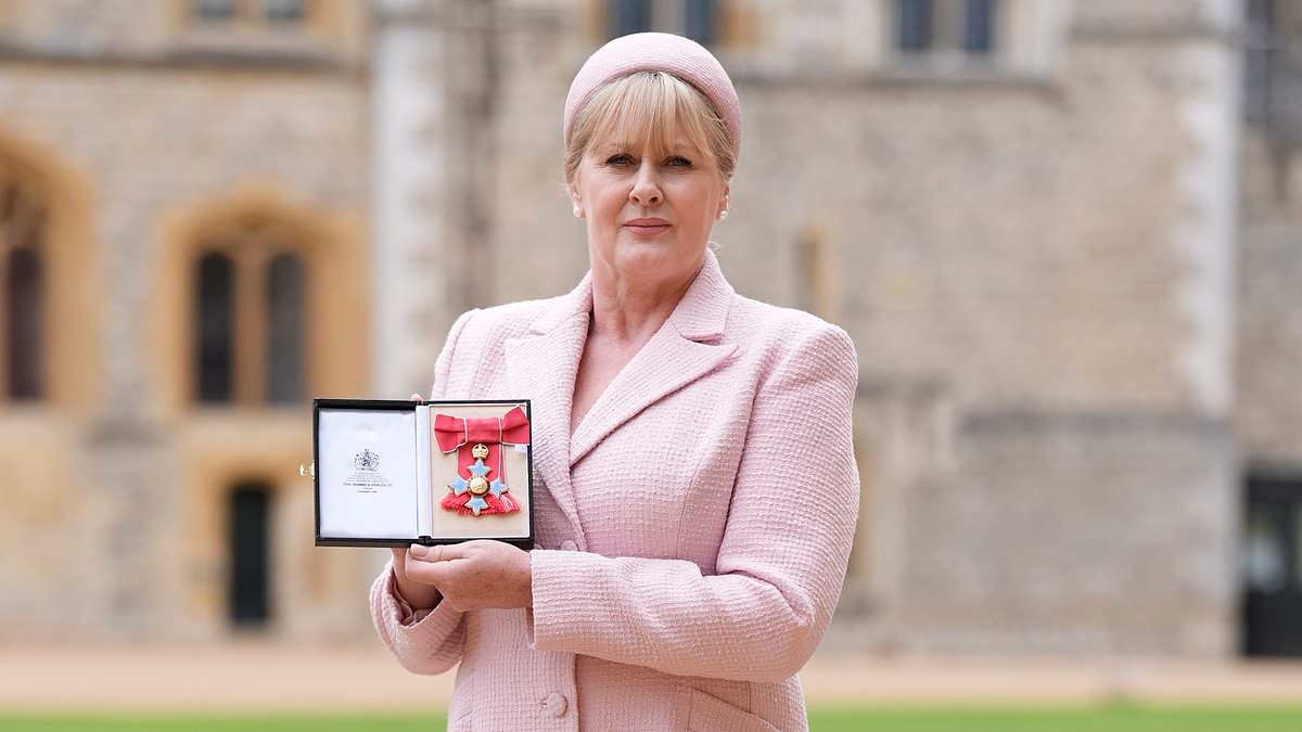 Sarah Lancashire is joined by proud husband Peter Salmon at Windsor Castle as BAFTA-winner is awarded the CBE from Princess Anne for services to drama