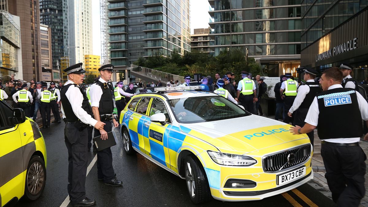 Protesters descend on Canary Wharf migrant hotel: Police surround building amid fears over 'summer of riots' - as force admits escorting pro-migrant activists to Epping asylum hotel hit by violent clashes
