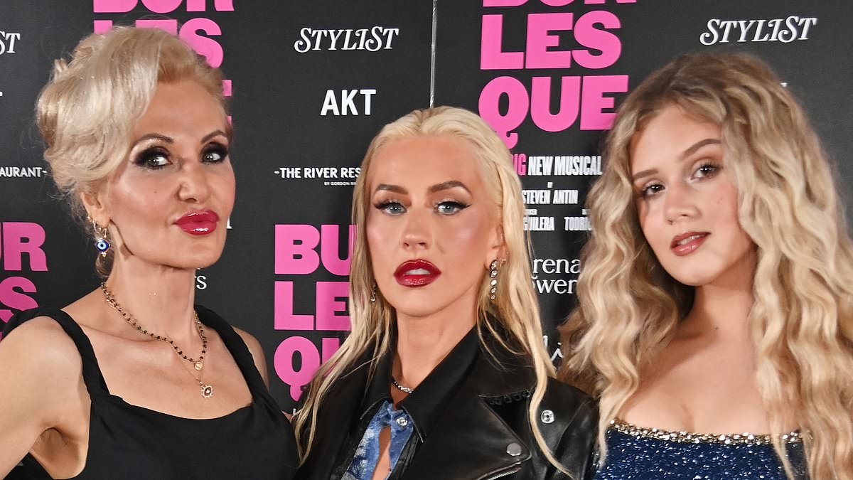 Christina Aguilera stuns in a denim playsuit and fishnets as she joins the cast of Burlesque: The Musical following the press night performance