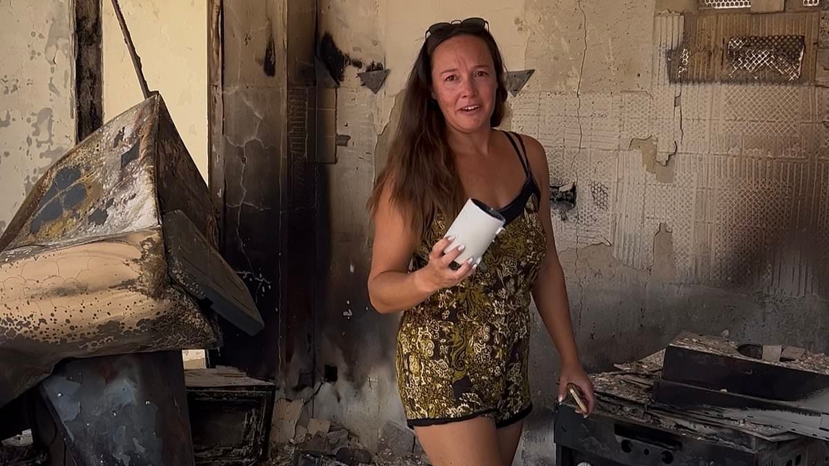 EXCLUSIVE British mother breaks down in tears as she surveys the smouldering remains of her Cyprus villa after family was forced to flee deadly wildfires with seconds to spare