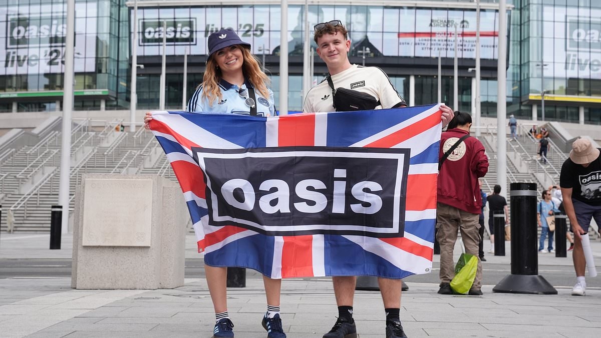 Oasis mania hits Wembley! Bucket-hat wearing fans from across the world queue up for the Gallagher brothers' first London gig in 16 years