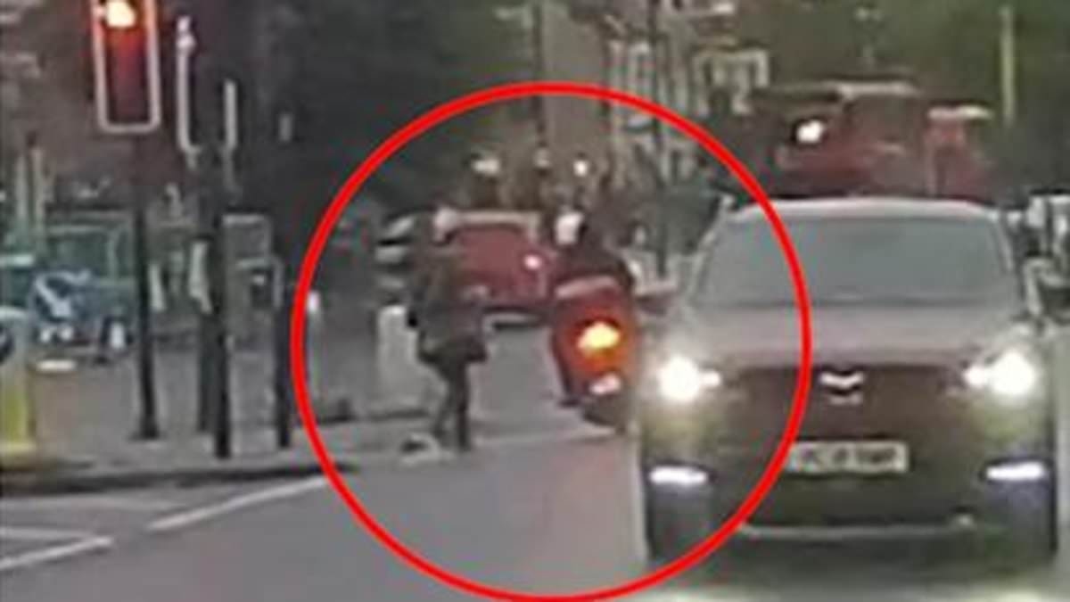 Brazen moped yobs caught on camera in south London jumping red lights and nearly hitting pedestrian in broad daylight