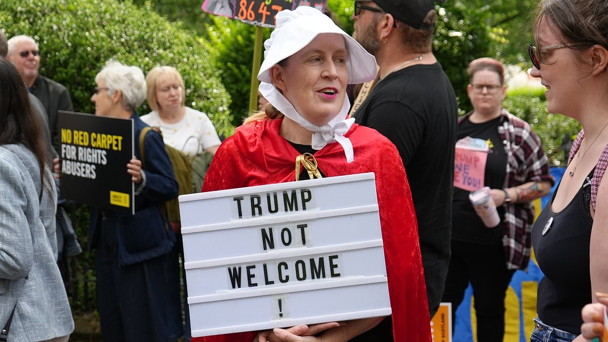 Scotland locals protest Trump's visit with cruel signs... as unbothered president enjoys his golf getaway