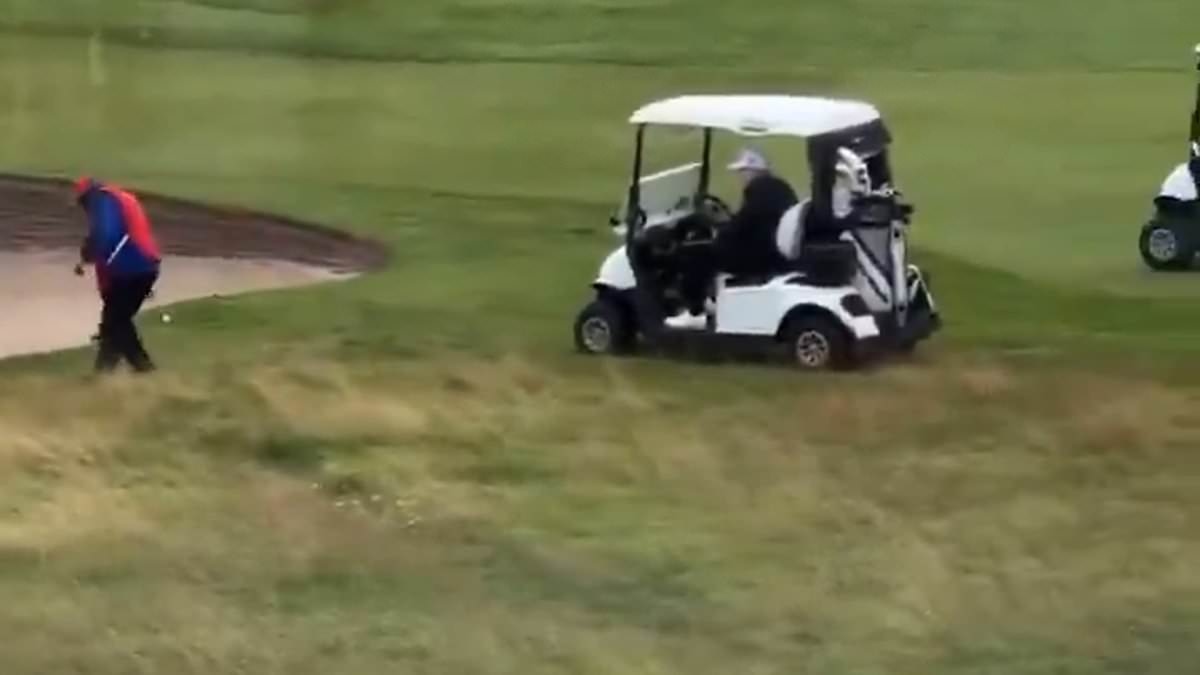 Fake America Great Again?! Moment Trump's golf caddy appears to surreptitiously drop ball in prize spot before president takes shot