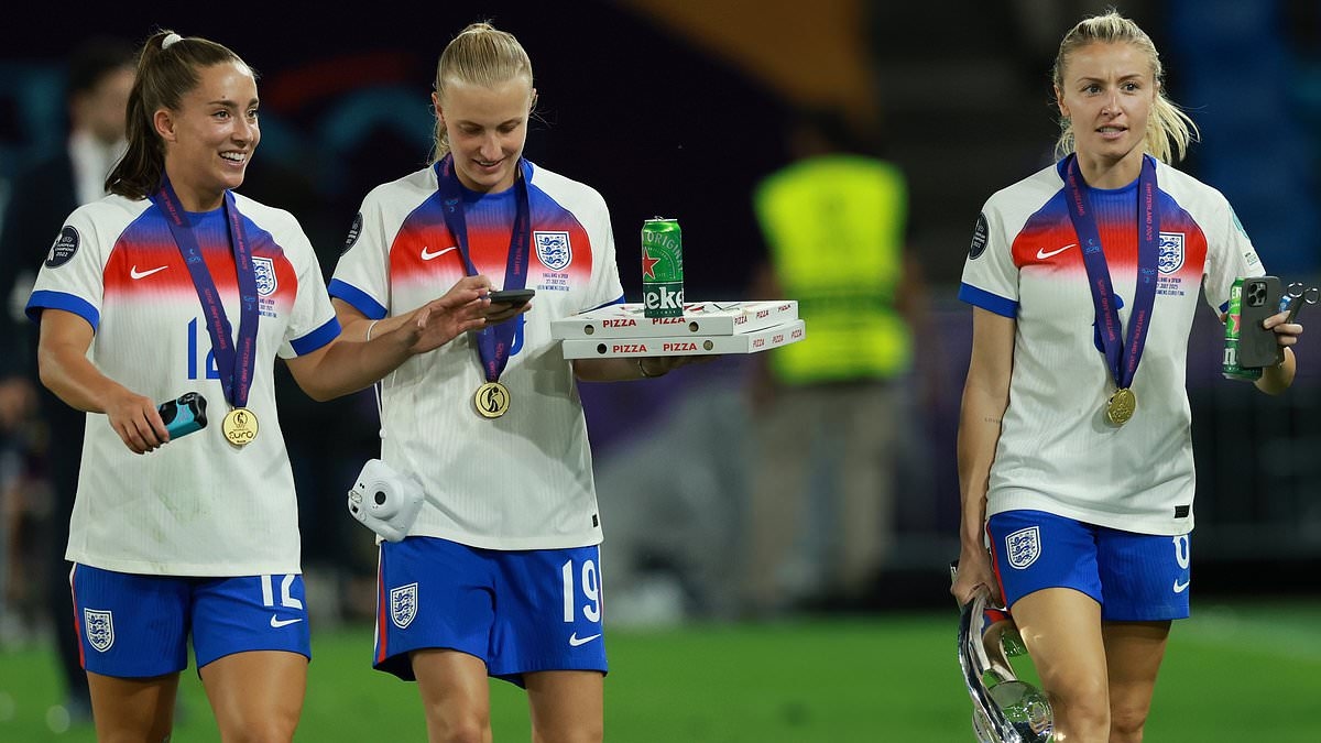 Pizzas on the pitch, Chelsea star Reece James celebrating with sister Lauren, singing in the tunnel and Ella Toone's tribute to her late dad: Inside Lionesses' party after Women's Euros