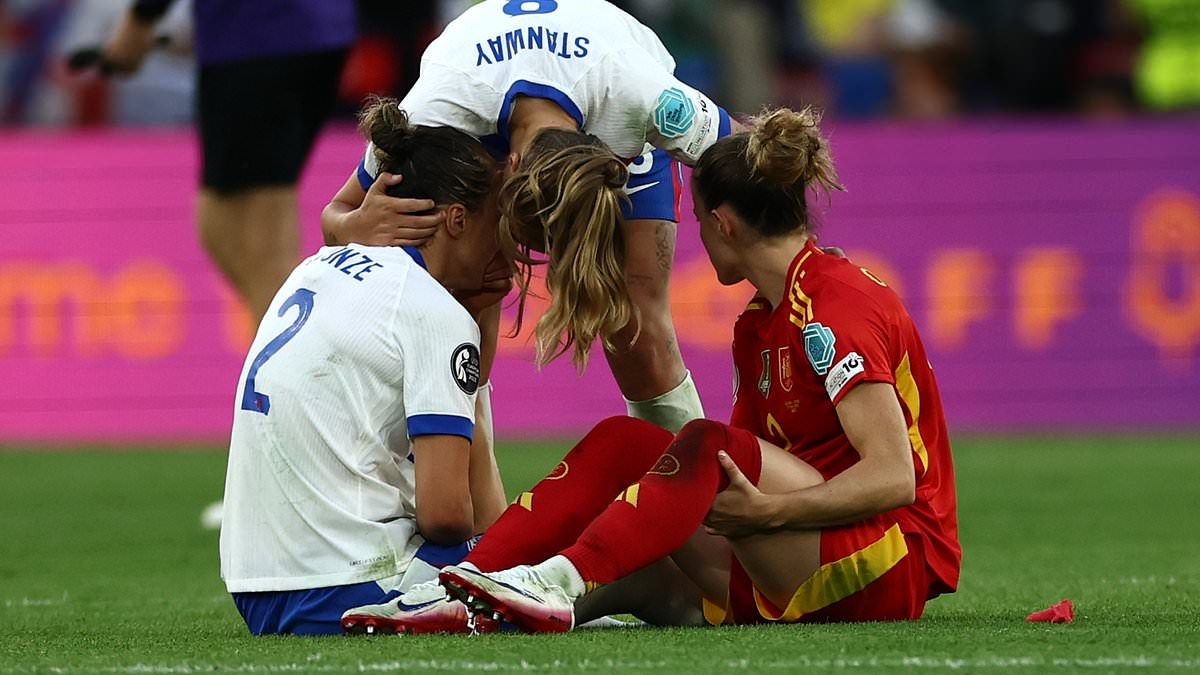 Emotional moment Lucy Bronze consoles close friend and Spain star Ona Batlle following Euros final - after inseparable pair holidayed together before tournament