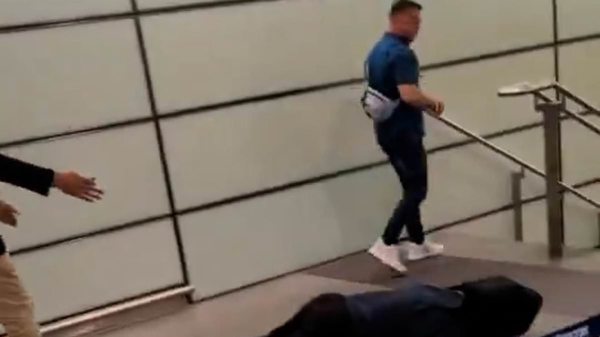 Police appeal for information after video shows Tommy Robinson standing next to an 'unconscious man' at London's St Pancras Station - as he yells 'he f***ing came at me, bruv'