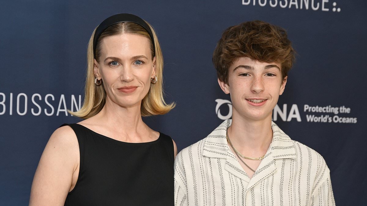 January Jones' son, 13, towers over her on rare red carpet as mystery remains regarding his father's identity