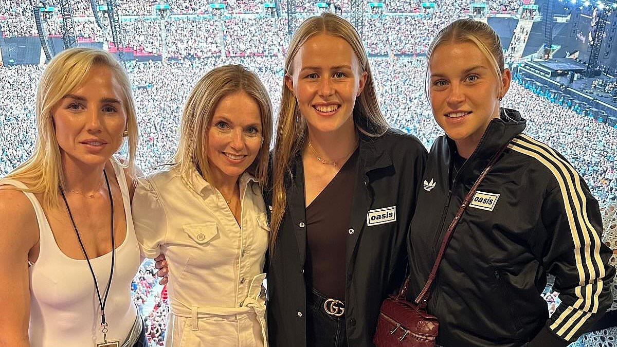 Geri Horner celebrates with the Lionesses at Oasis' Wembley concert after the team won the women's Euros final