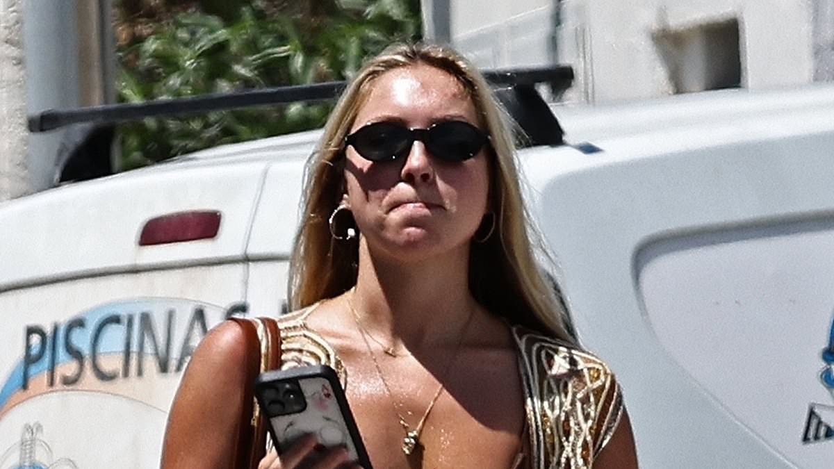 Lila Moss channels her supermodel mum Kate in a bikini top and sequin waistcoat as he heads out in Ibiza
