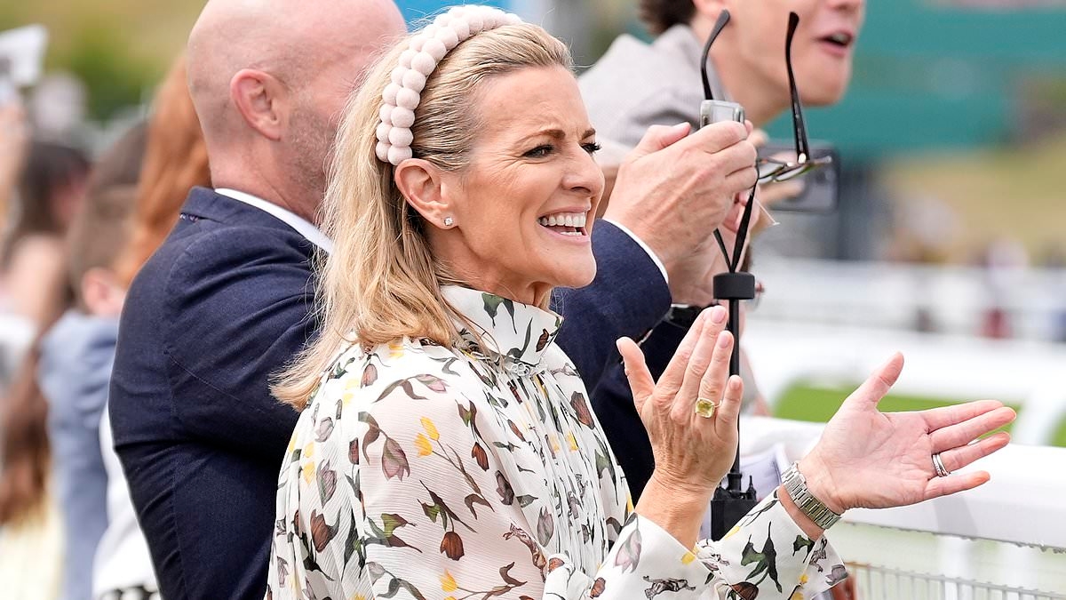 Gabby Logan looks elegant in a floral dress as she excitedly cheers on jockey daughter Lois alongside husband Kenny at Goodwood